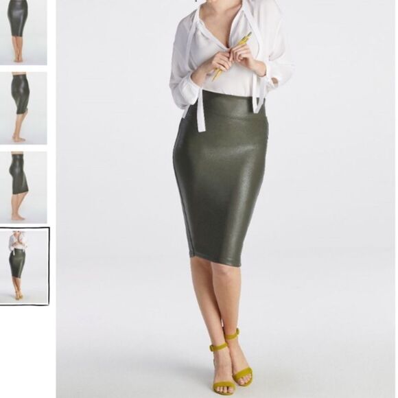 Spanx Faux Leather Pencil Skirt Rich Olive - Picture 2 of 6